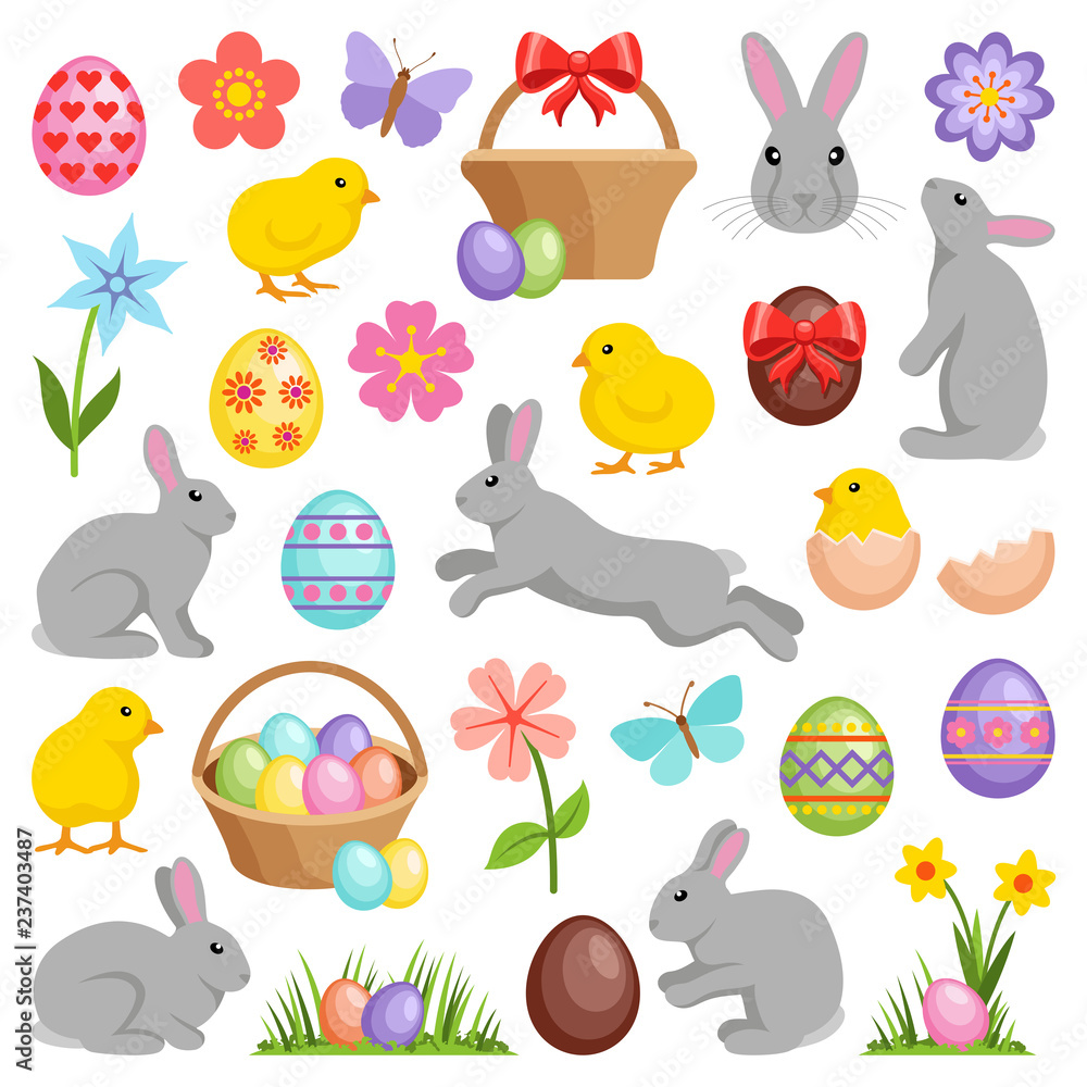 Obraz Easter eggs - hares - chickens and flowers vector illustration collection