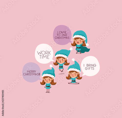 group of girl santa helpers with speech bubbles