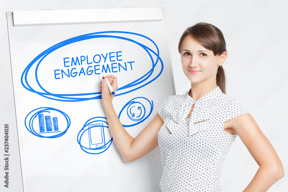 Business, Technology, Internet and network concept. A young entrepreneur writes on the blackboard the word: Employee engagement Business, Technology, Internet and network concept. A young entrepreneur writes on the blackboard the word: Employee engagement