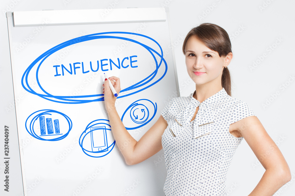 Business, Technology, Internet and network concept. A young entrepreneur writes on the blackboard the word: Influence Business, Technology, Internet and network concept. A young entrepreneur writes on the blackboard the word: Influence
