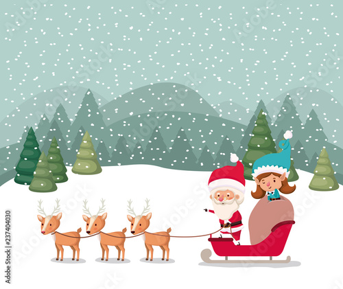 santa claus and girl helper with sled and reindeer