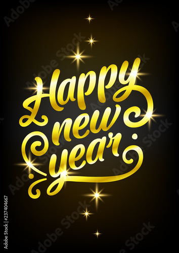 Golden Happy New Year sign 2019 Holiday Vector Illustration. Shiny Gold Lettering Composition With Sparkles. Greeting card, banner for instagram, new year card.