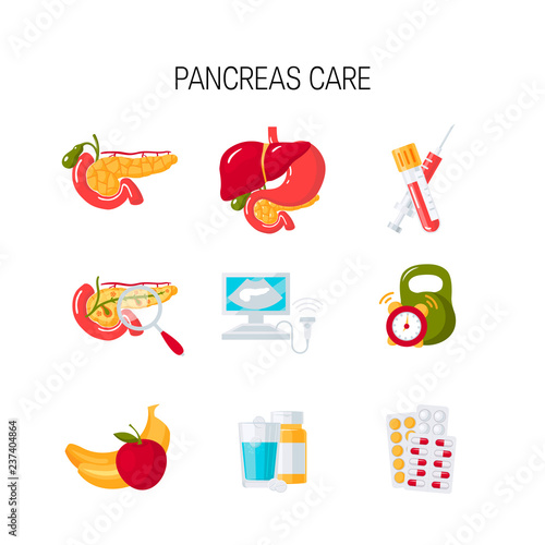 Pancreas care vector icons in flat style