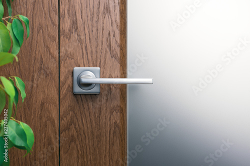 Wallpaper Mural Steel door handle on the door. The leaves of green plants in the background. Torontodigital.ca