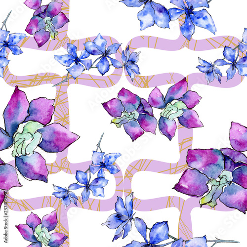 Purple orchid flower. Seamless pattern, fabric wallpaper print texture. Watercolor background.