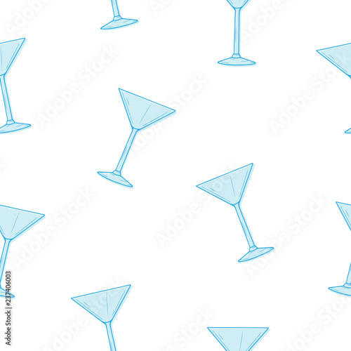 Seamless pattern with hand drawn glasses for cocktails Dry Martini. Vector summer background for design, Website, Background, Banner, Menu, Template, print, decor. Martini, Classic cocktail.