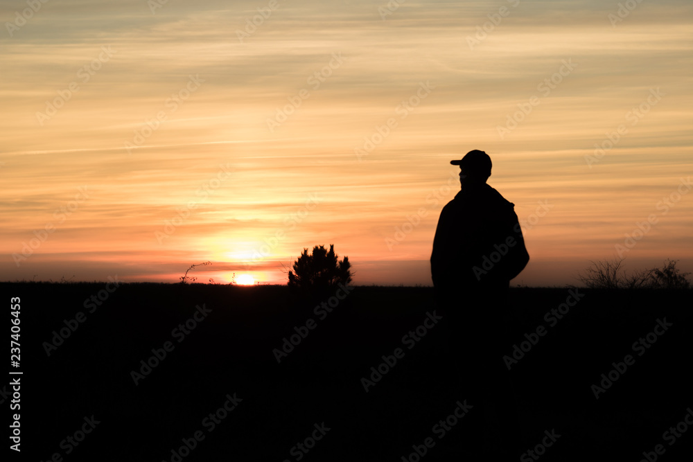 man admiring red autumn sunset in the field, silhouette of man and tree man admiring red autumn sunset in the field, silhouette of man and tree