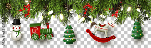 Christmas border with branches and wooden toys