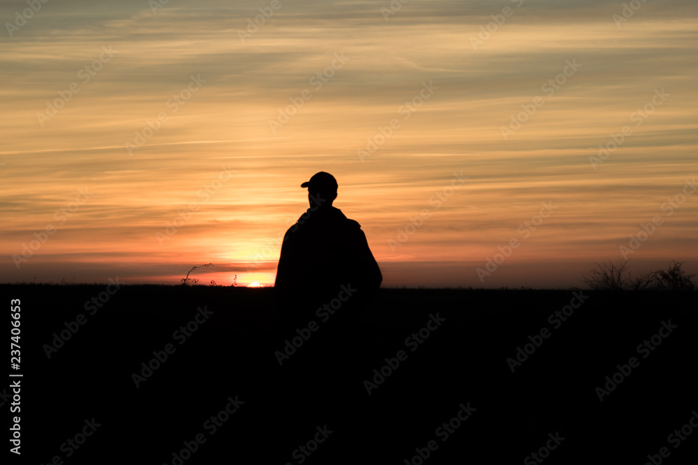 man admiring red autumn sunset in the field, silhouette of man and tree