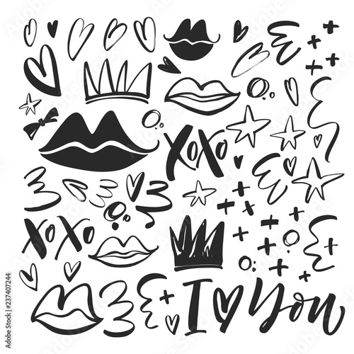 Collection of romantic elements. Hand drawn vector love clip art.