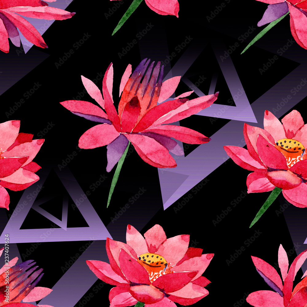 Obraz premium Red lotus. Floral botanical flower. Watercolor background. Seamless pattern. Fabric wallpaper print texture.