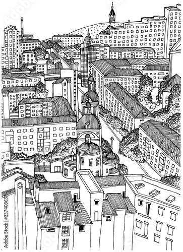 Black and white image of the city of Krasnoyarsk from a height. Good for online publications, social networks, and other publications.