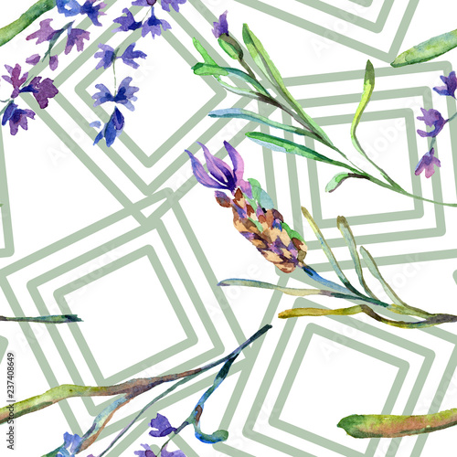Purple lavender. Floral botanical flower. Watercolo seamless background pattern. Fabric wallpaper print texture.