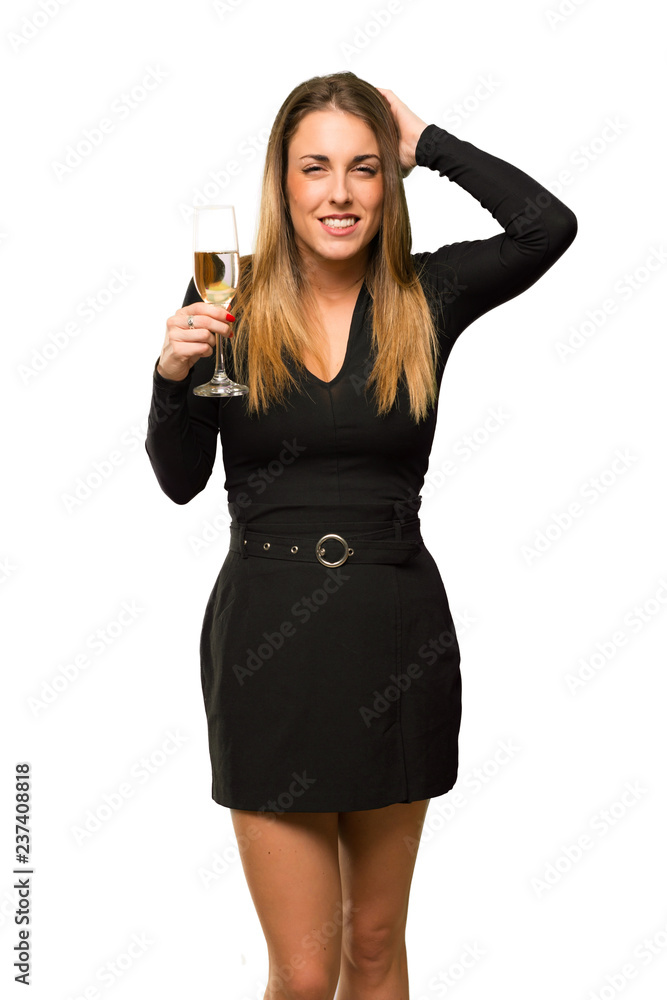 Woman with champagne celebrating new year 2019 takes hands on head because has migraine on isolated white background Woman with champagne celebrating new year 2019 takes hands on head because has migraine on isolated white background