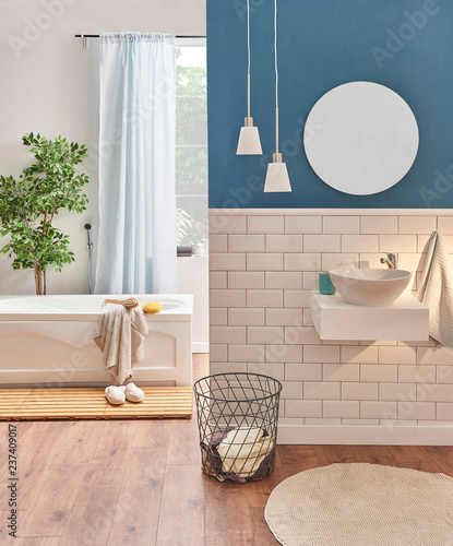 Ceramic bath room concept  sink mirror and towel style  white tub background and curtain decoration.