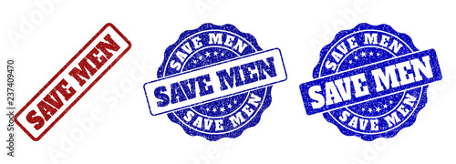SAVE MEN scratched stamp seals in red and blue colors. Vector SAVE MEN imprints with distress surface. Graphic elements are rounded rectangles, rosettes, circles and text labels.