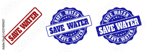 SAVE WATER grunge stamp seals in red and blue colors. Vector SAVE WATER signs with grunge surface. Graphic elements are rounded rectangles, rosettes, circles and text labels.