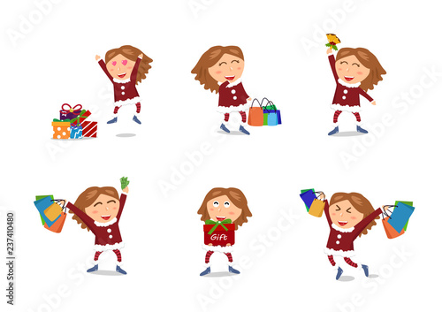 Girl characters vector  Sale  Christmas and happy new year shopping  end of winter season  gift and celebration holiday with woman  cute cartoon