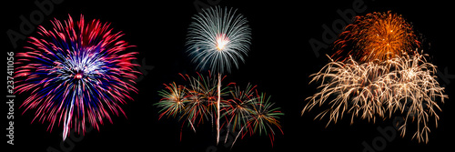 Three of fireworks light up on black background for celebration