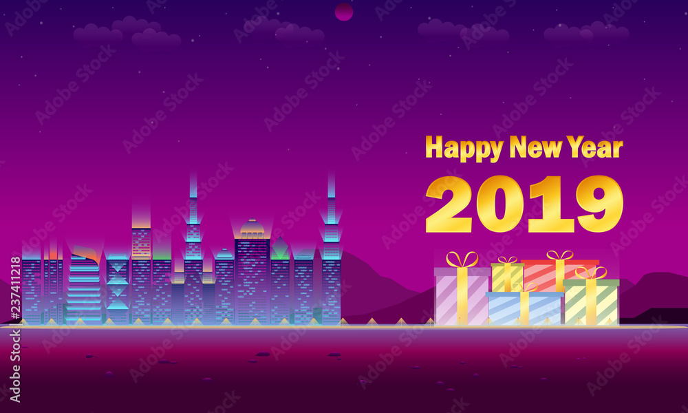 happy new year 2019 the paradise neon city vector illustration eps10