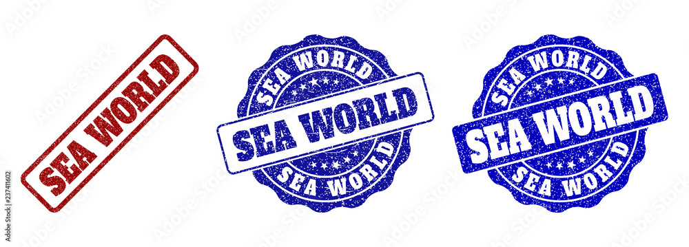 SEA WORLD grunge stamp seals in red and blue colors. Vector SEA WORLD signs with grunge surface. Graphic elements are rounded rectangles, rosettes, circles and text labels. SEA WORLD grunge stamp seals in red and blue colors. Vector SEA WORLD signs with grunge surface. Graphic elements are rounded rectangles, rosettes, circles and text labels.