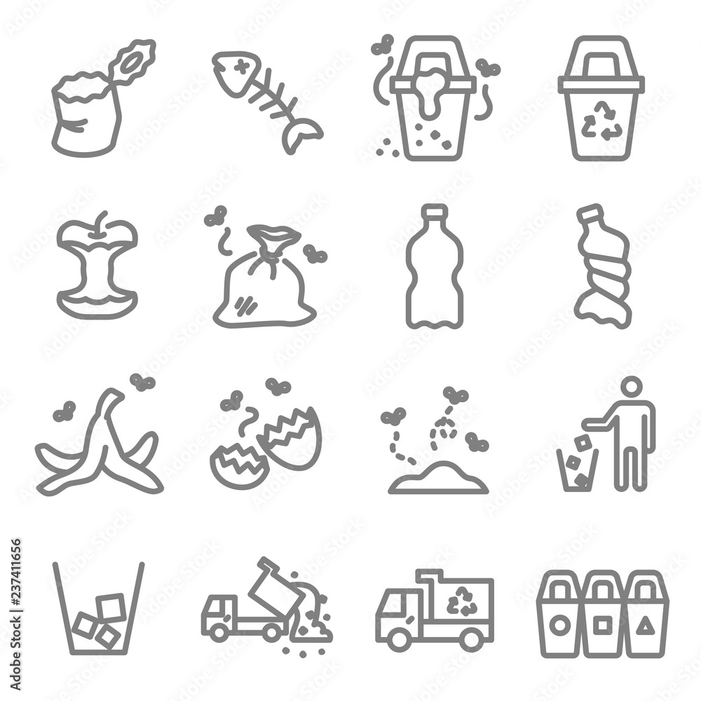 Garbage Vector Line Icon Set. Contains such Icons as Banana Peel, Fishbone, Eggshell, Trash and more. Expanded Stroke Garbage Vector Line Icon Set. Contains such Icons as Banana Peel, Fishbone, Eggshell, Trash and more. Expanded Stroke