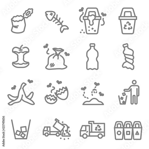 Garbage Vector Line Icon Set. Contains such Icons as Banana Peel, Fishbone, Eggshell, Trash and more. Expanded Stroke