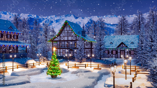 Outdoors Xmas tree decorated with christmas lights on empty snowbound square of cozy alpine mountain township at snowy winter night. With no people festive 3D illustration.