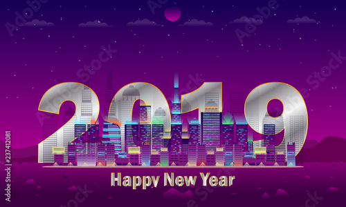 silver happy new year 2019 big city neon ogrange green blue lighting vector illustraion eps10 photo