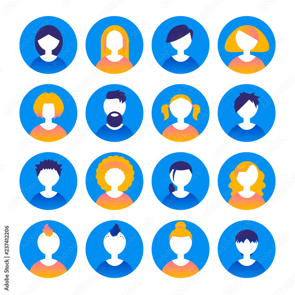 16 Avatars, women, and men with different hairstyles heads in flat style. Vector illustration in the circle. Business gradient style people