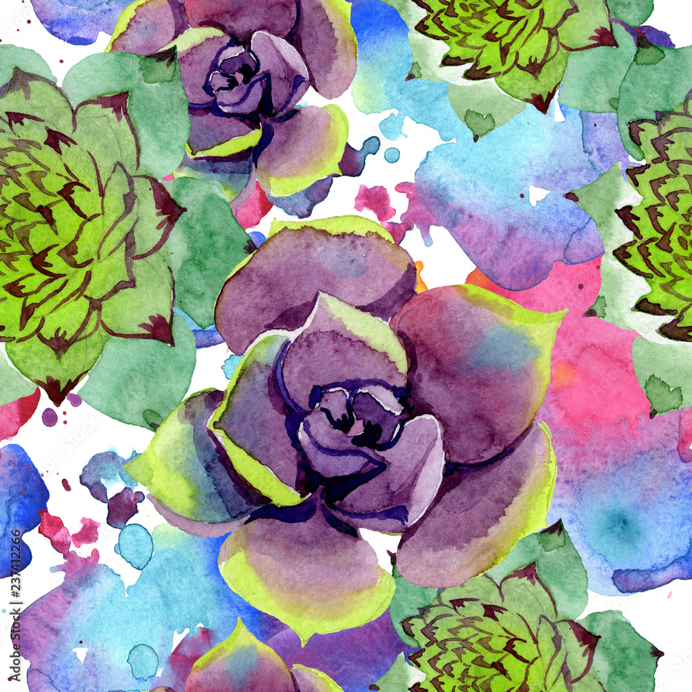 Amazing succulent. Watercolor illustration set. Seamless background pattern. Fabric wallpaper print texture.
