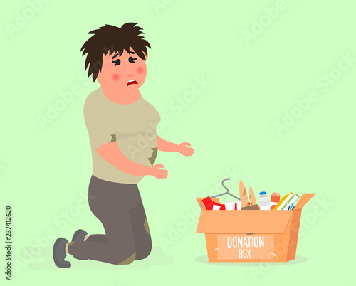 Bum woman asking for alms near the box with donations. Homeless. Vector illustration