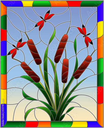 Illustration in stained glass style with bouquet of   bulrush and red dragonflies on a sky background ,in bright frame
