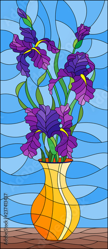 Fototapeta Naklejka Na Ścianę i Meble -  Illustration in stained glass style with floral still life,  bouquet of purple irises in a orange  vase on a blue background