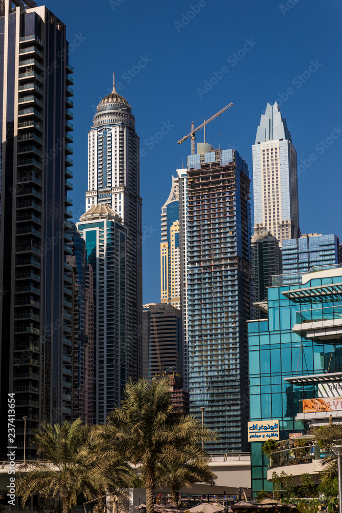 Dubai, United Arab Emirates - October, 2018: Skyscrapers in Dubai Marina.