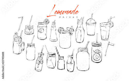 Hand drawn vector graphic textured artistic bar menu ink collection set sketch illustrations drawing bundle of organic natural lemonade cocktails drinks in glass isolated on white background