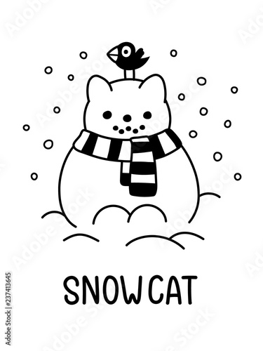 A Cartoon Vector Drawing Of A Snowman Cat WIth A Scarf And A Bird In The Snow