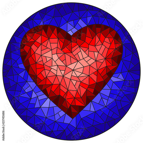 Illustration in stained glass style with abstract red  heart on blue background, round image