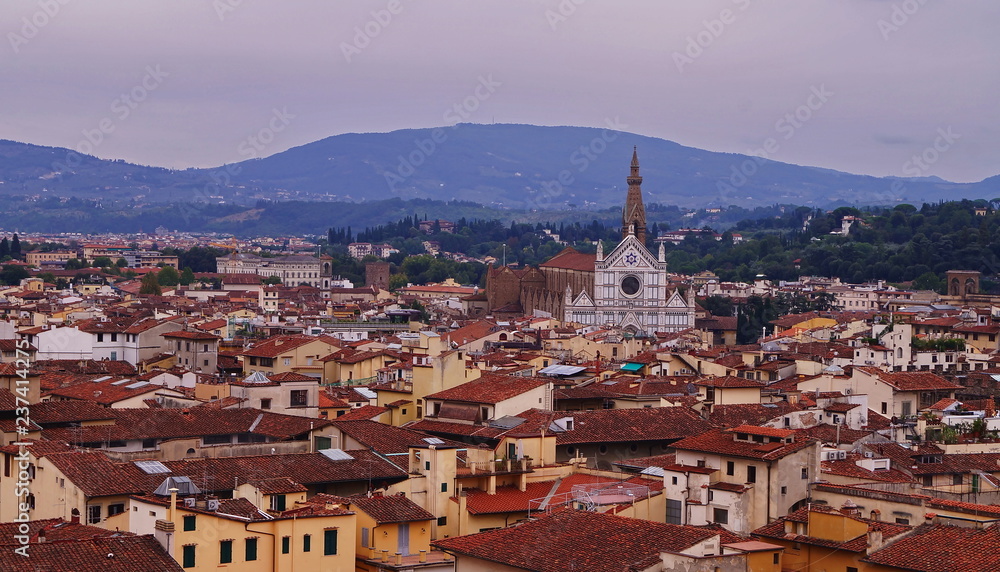 Aerial view of Santa Croce Church from from the bell tower of Giotto, Florence, Italy