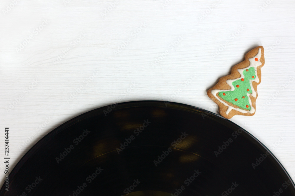 Christmas tree in the form of cookies and vinyl record music with taste for the winter holidays