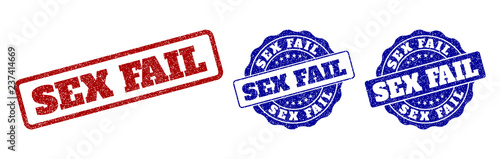 SEX FAIL grunge stamp seals in red and blue colors. Vector SEX FAIL labels with draft texture. Graphic elements are rounded rectangles, rosettes, circles and text labels.