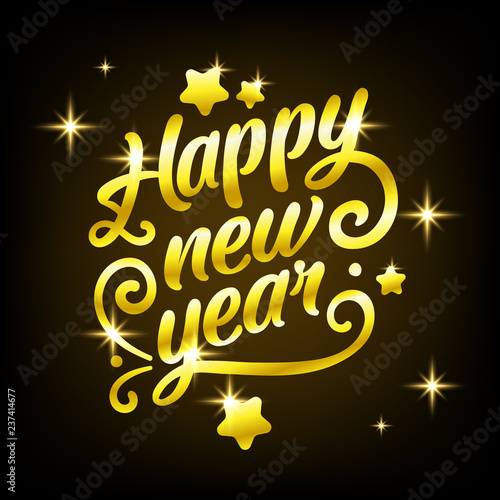 Golden Happy New Year sign 2019 Holiday Vector Illustration. Shiny Gold Lettering Composition With Sparkles. Greeting card, banner for instagram, new year card.