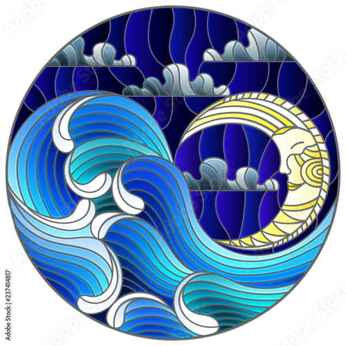 The illustration in stained glass style painting abstract landscape sea waves on the background of  sky and clouds with moon , round illustration