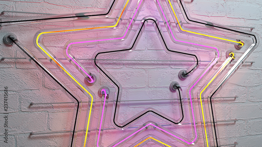 Fototapeta Neonowego światła gwiazda na ściana z cegieł renderingu 3D