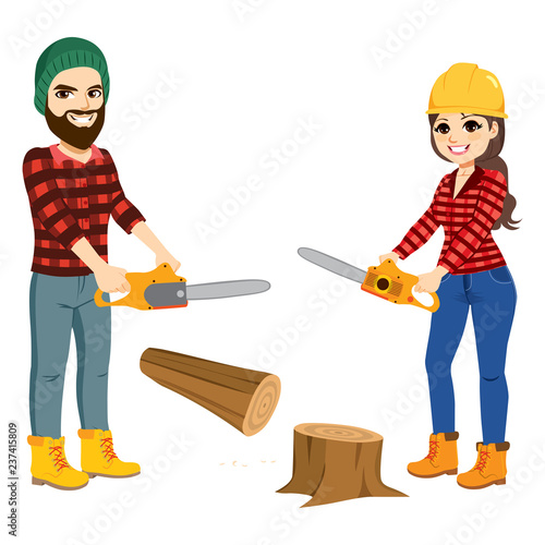 Two lumberjacks felling tree trunk with chainsaw working together