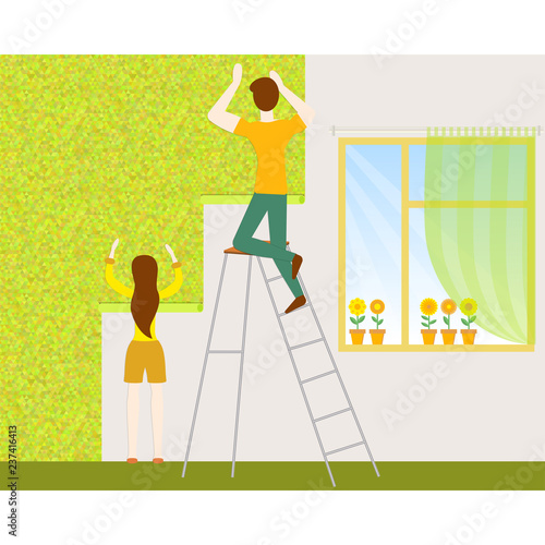 Young man and young woman glue wallpaper roll in his room at home. Concept design repair and construction of new housing. Vector illustration in flat style.