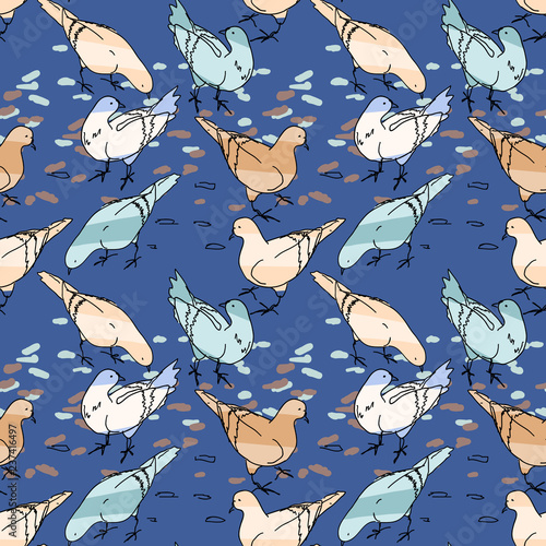 Seamless pattern background. Pigeons hand drawn silhouettes on colorful abstract geometric shapes. Birds and leaves on hexagonal grid. Autumn fall motif, set of two color variants