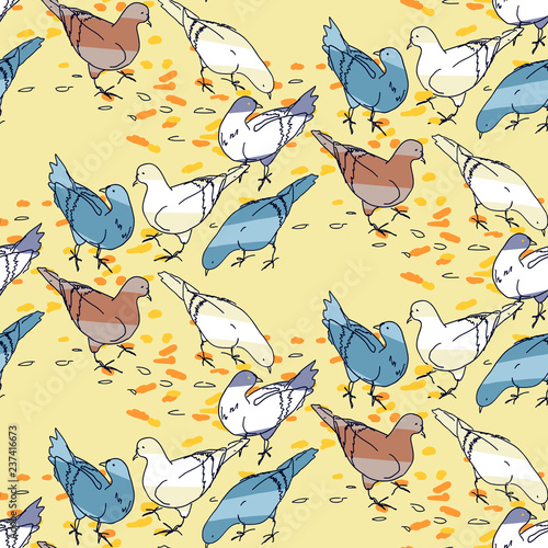 Seamless pattern background. Pigeons hand drawn silhouettes on colorful abstract geometric shapes. Birds and leaves on hexagonal grid. Autumn fall motif, set of two color variants