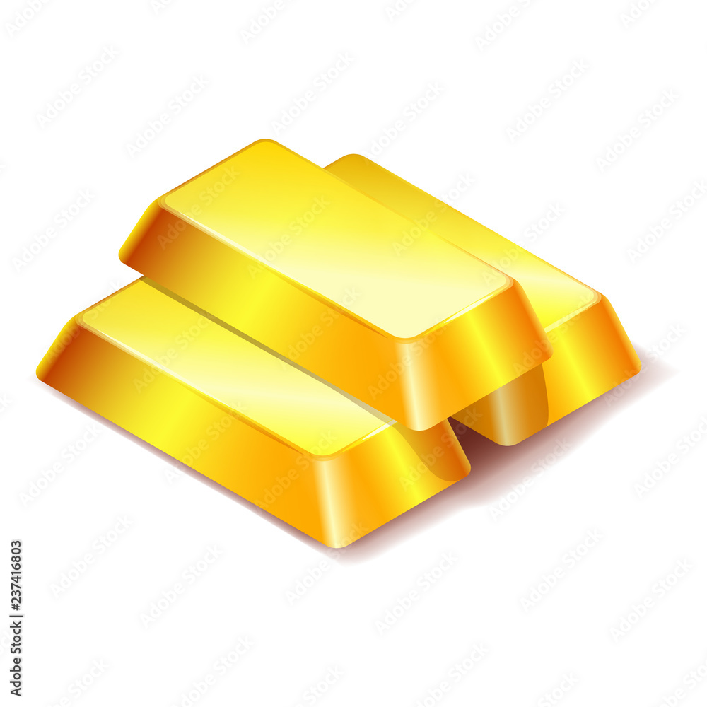 Three gold bars icon isolated on white background, pallet of gold bars, banking, golden treasure, golden ingots stack, vector illustration Three gold bars icon isolated on white background, pallet of gold bars, banking, golden treasure, golden ingots stack, vector illustration