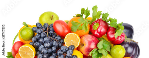 Fruits and vegetables isolated on white background. Wide photo .